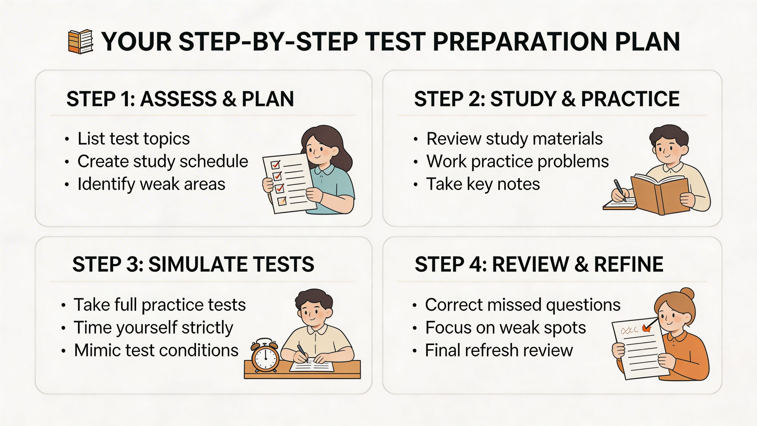 A four-step infographic illustrating a strategic plan for effective test preparation, featuring study tips and routines.