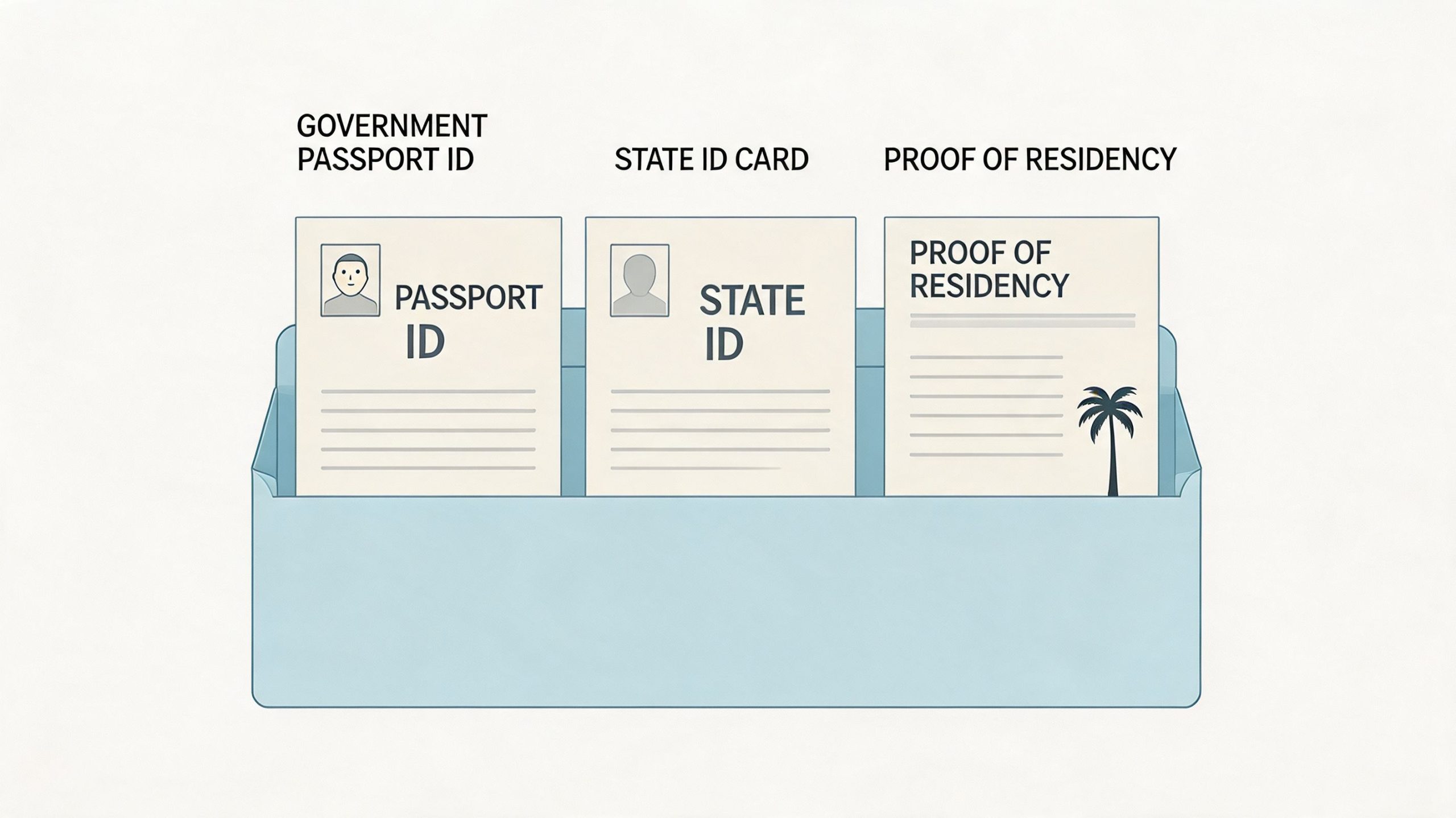 An illustration showing three documents required for a Florida driving test: passport, state ID, and proof of residency.