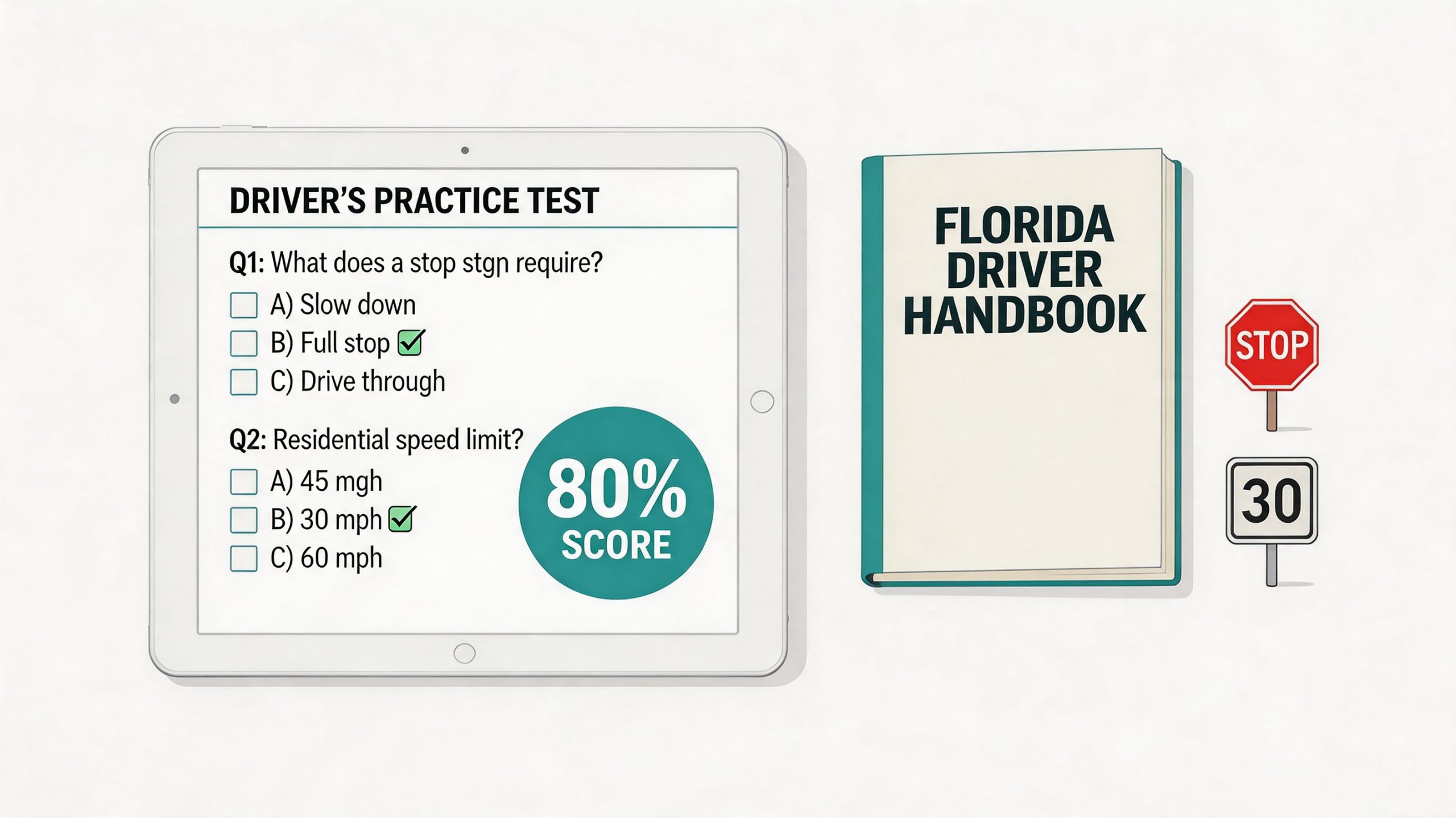 A digital tablet displaying a driver's practice test next to a Florida Driver Handbook and road signs.