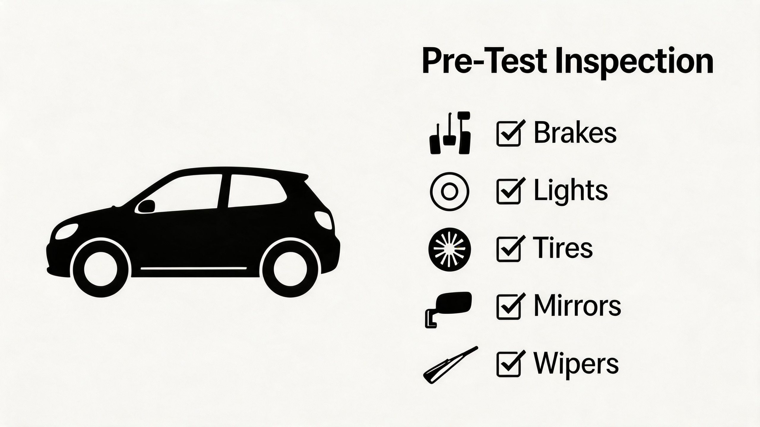 A graphic checklist titled Pre-Test Inspection showing a car and symbols for brakes, lights, tires, mirrors, and wipers.