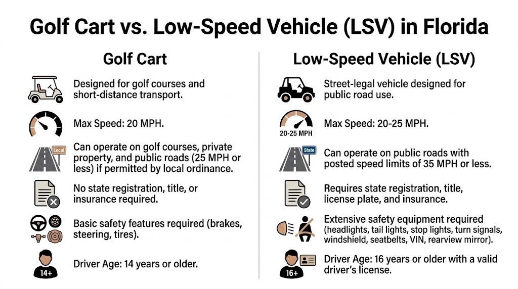 A comparison chart outlining the differences between golf carts and low-speed vehicles in Florida.