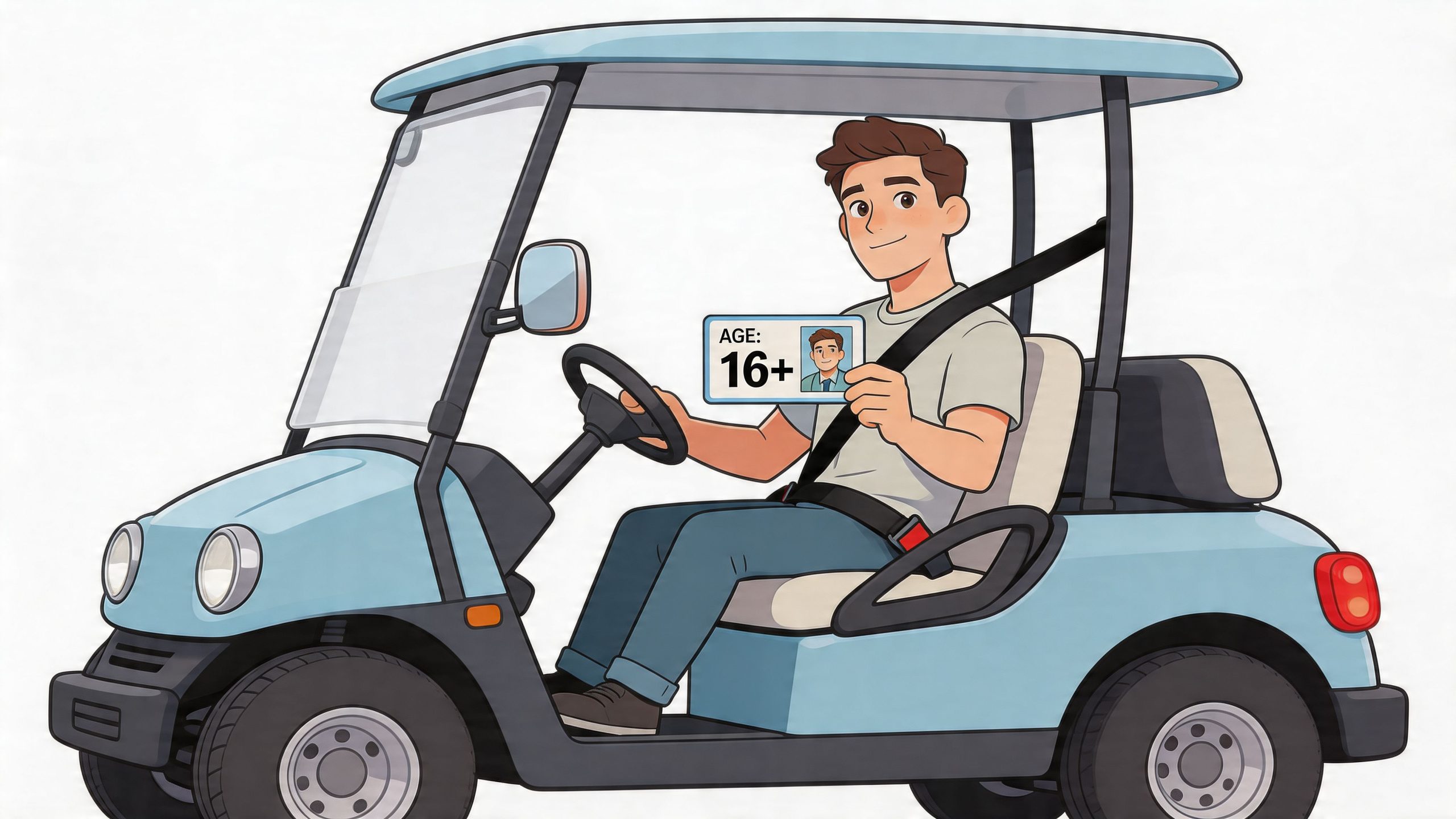 A young man sitting in a light blue golf cart holding an age 16 plus identification card.