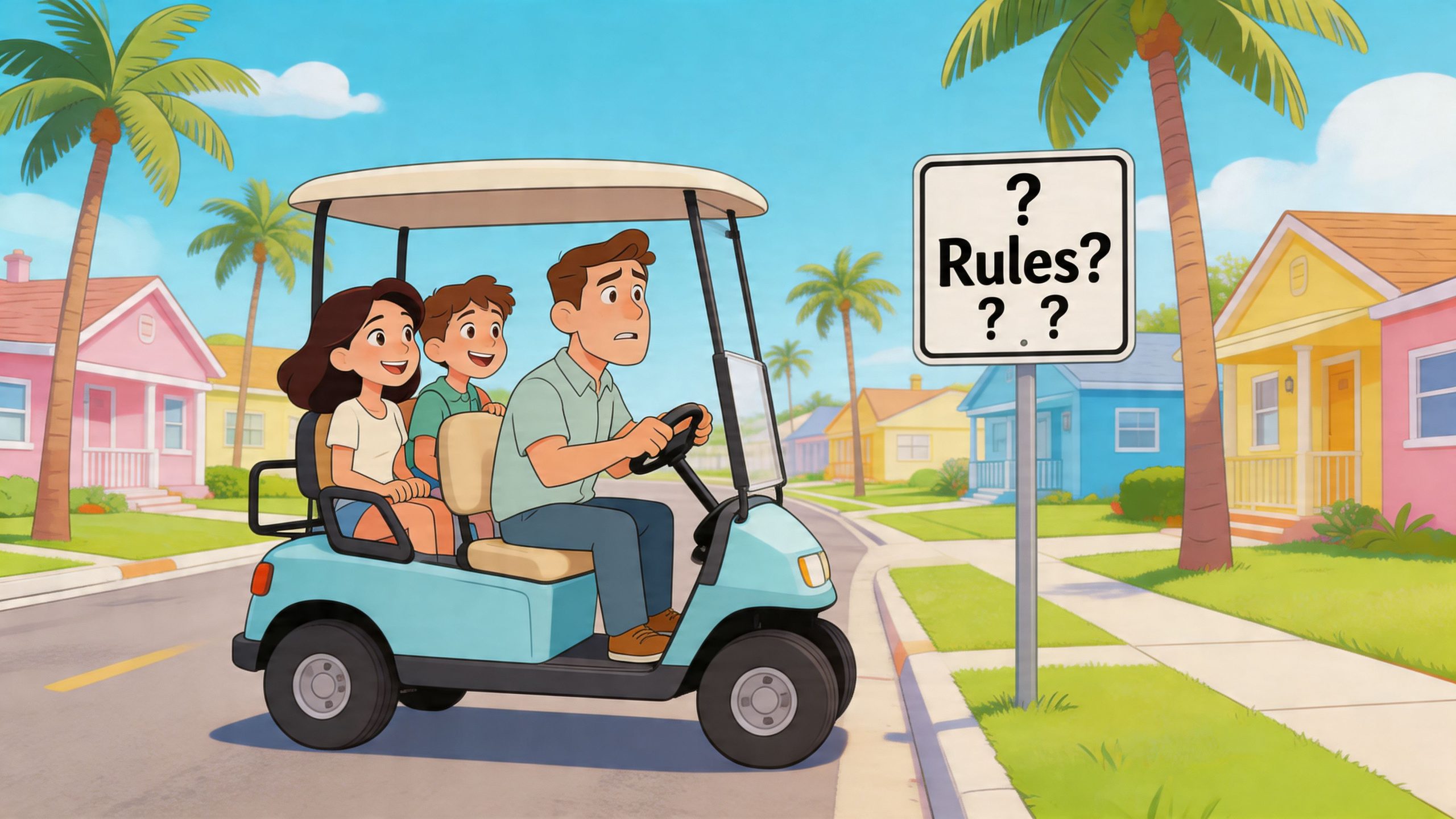 A family riding in a golf cart looking confused at a sign that says Rules with question marks.