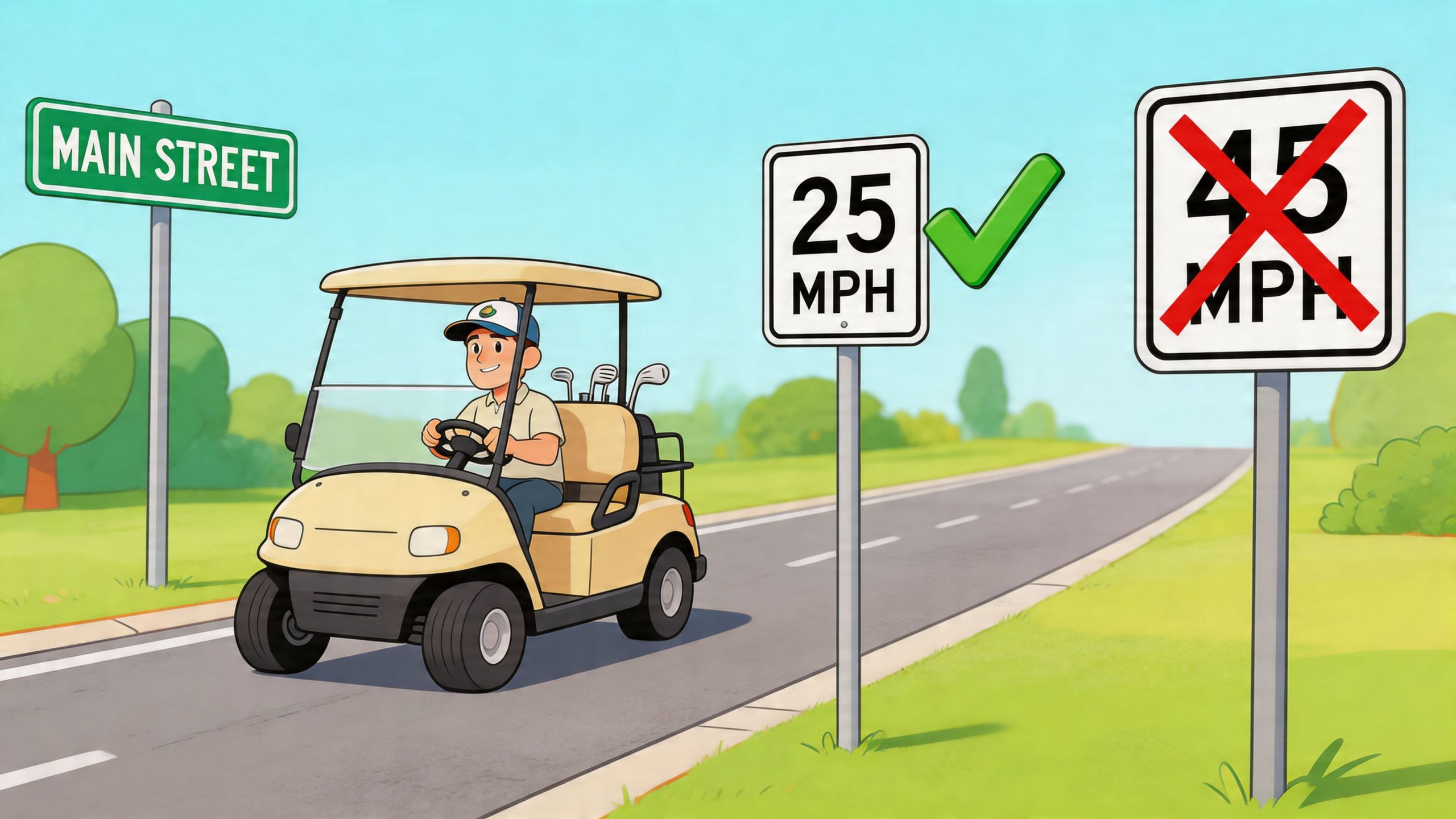 A person driving a golf cart on a road past a twenty-five mile per hour sign.