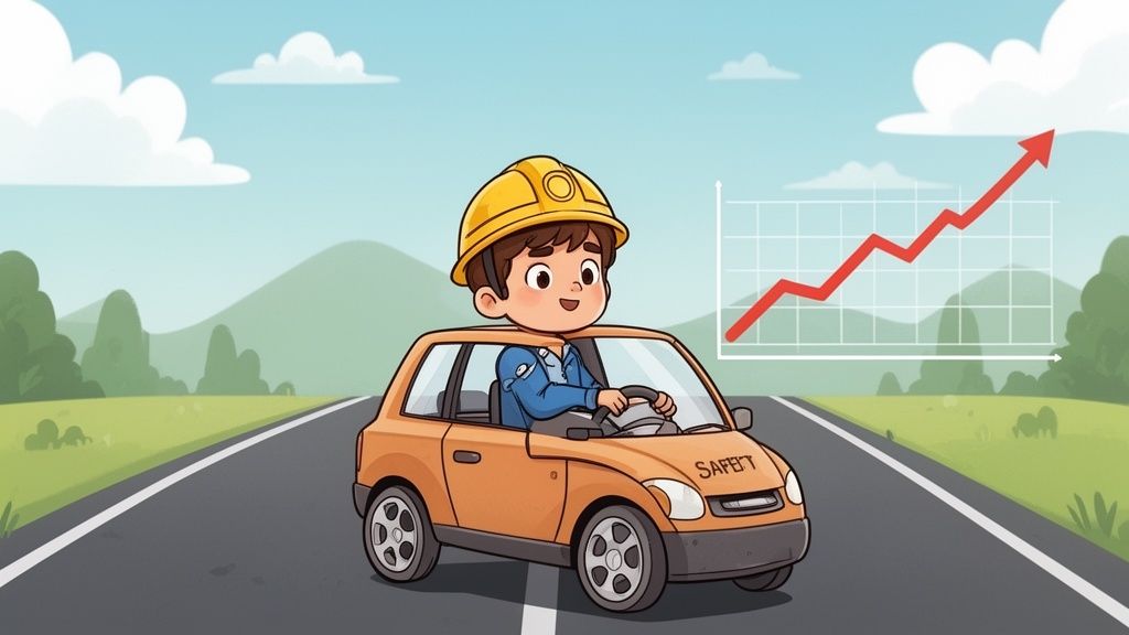 A cartoon illustration of a young driver wearing a yellow construction helmet in an orange compact car.