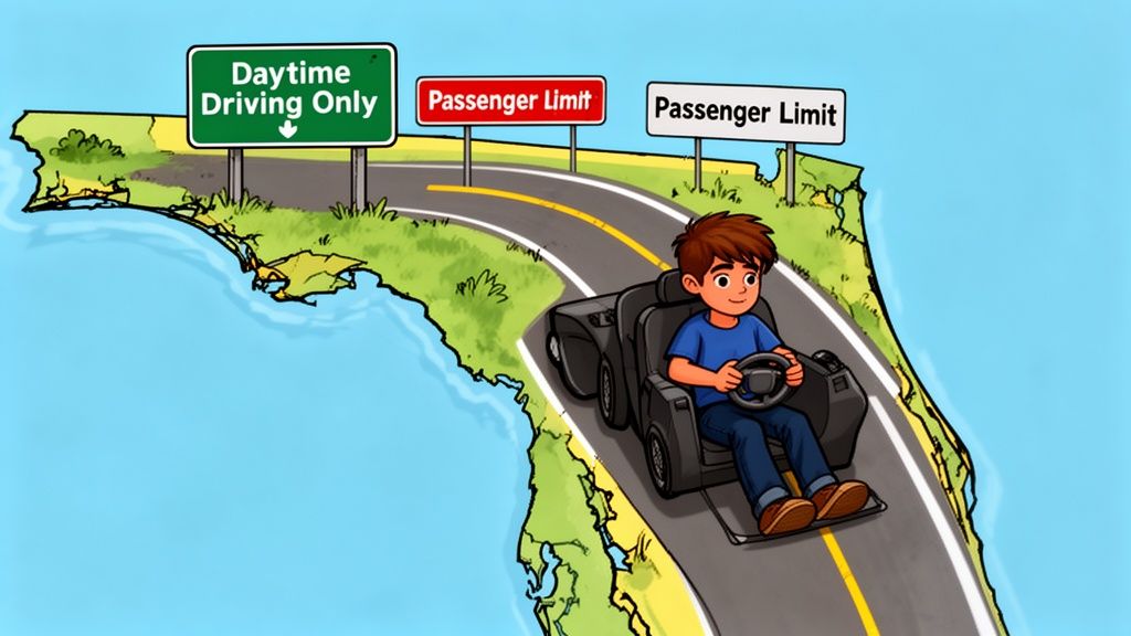 An illustration of a young driver on a road shaped like Florida with signage about driving restrictions.