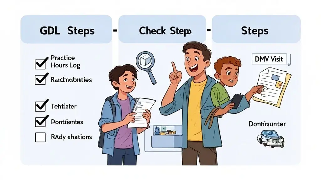 A father and son reviewing a checklist for graduated driver licensing steps with a DMV visit.