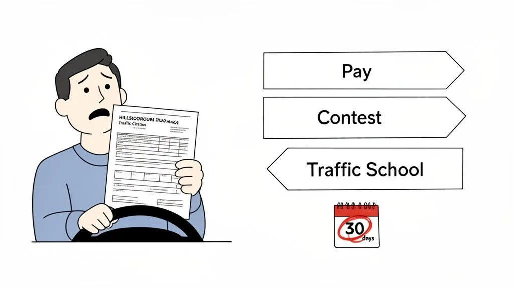 A worried man holding a Hillsborough traffic ticket, with options to pay, contest, or go to traffic school within 30 days.