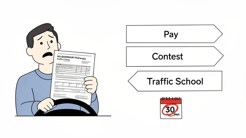 A worried man holding a Hillsborough traffic ticket, with options to pay, contest, or go to traffic school within 30 days.