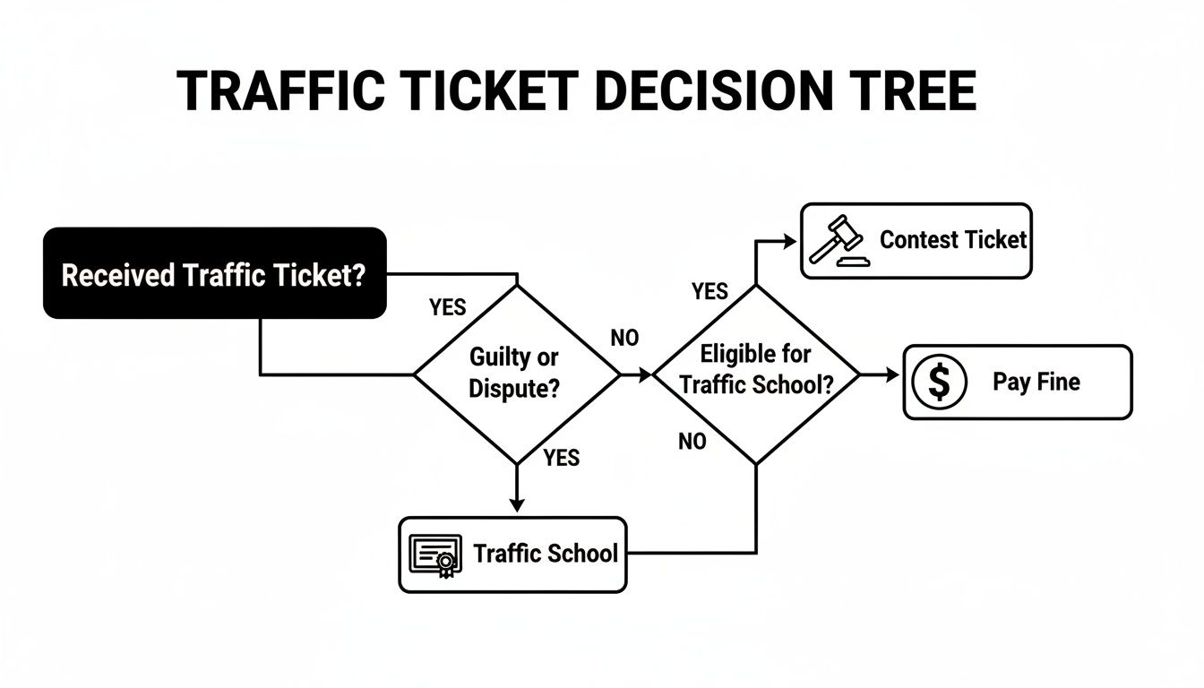 Flowchart illustrating a traffic ticket decision tree, guiding actions like contesting, attending traffic school, or paying a fine.