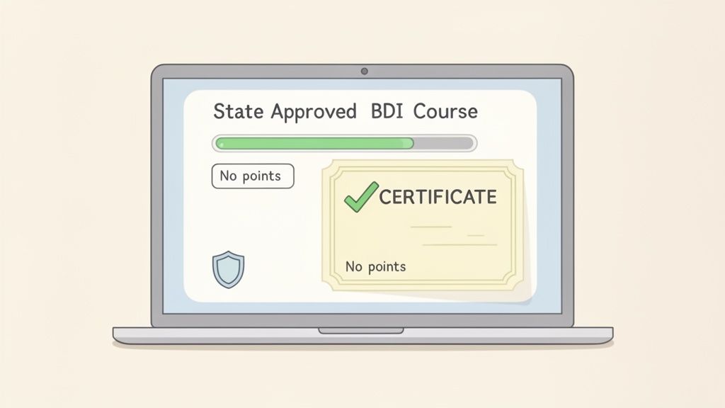 A laptop screen displays a state-approved BDI course with a progress bar and a certificate for completion.