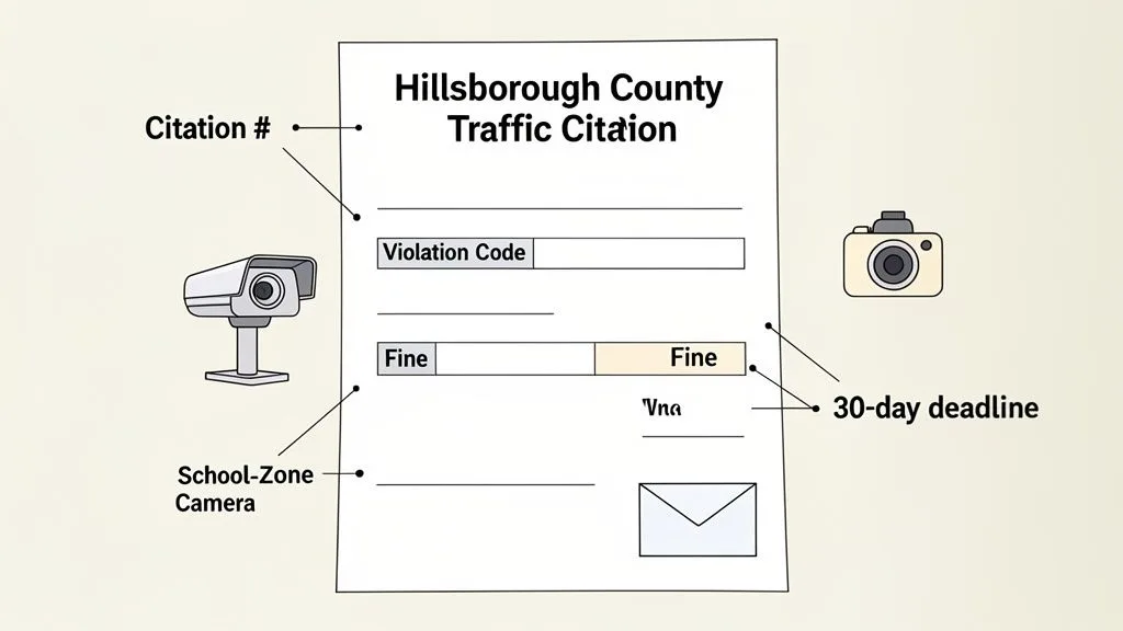 Hillsborough County Traffic Citation illustration detailing citation number, violation code, fine, 30-day deadline, and a school-zone camera.