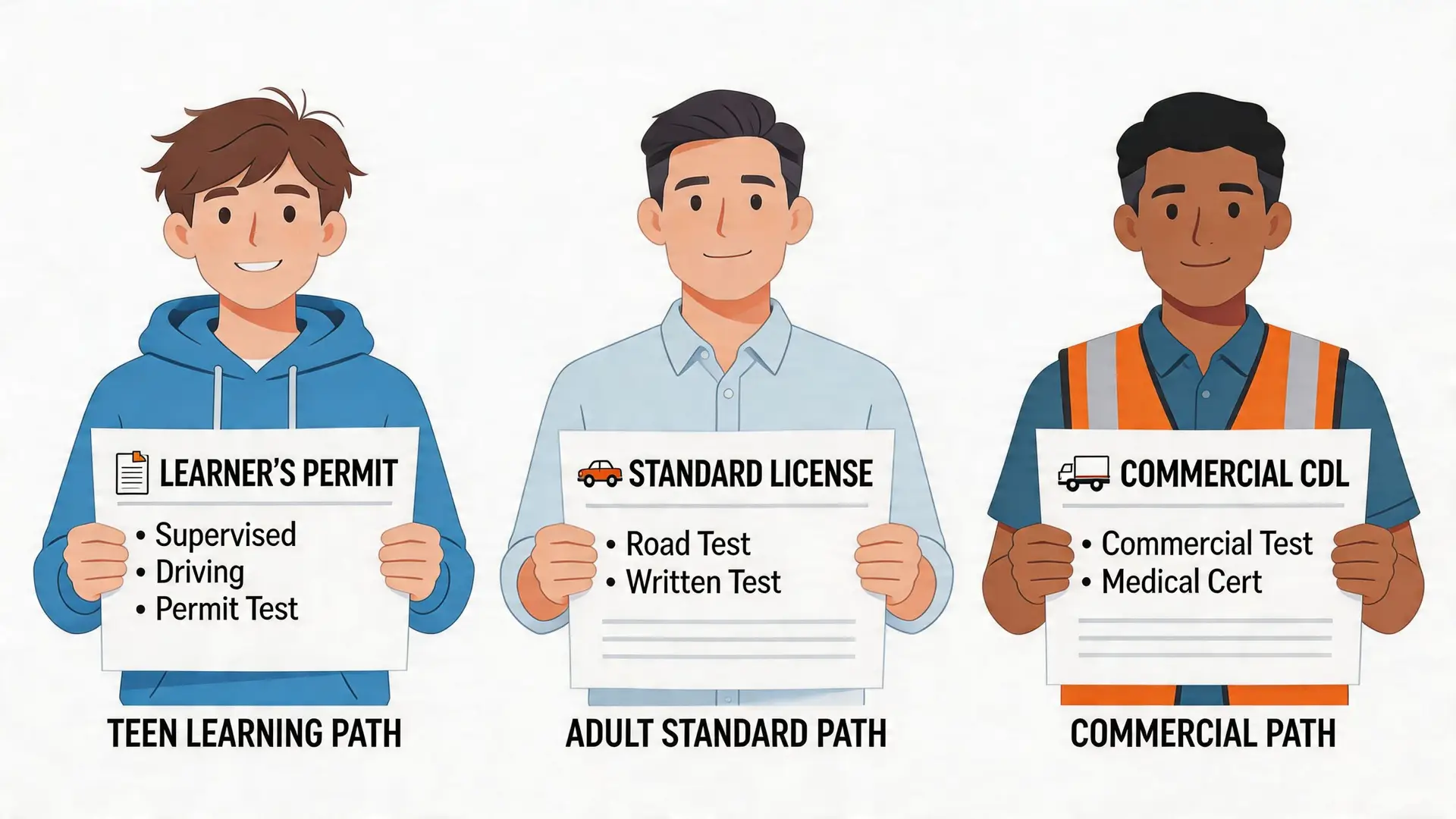Three men showing signs for learner's permit, standard license, and commercial CDL driving qualification paths.