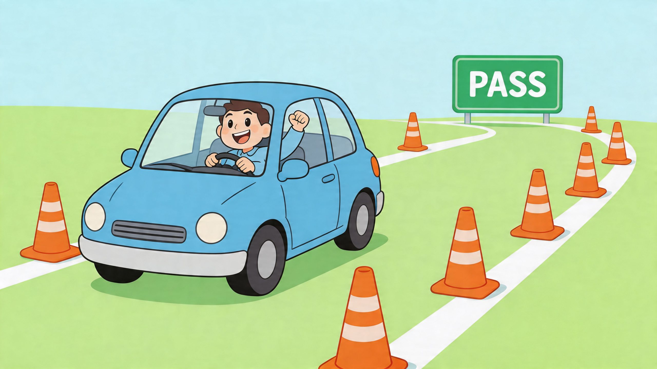 A happy person driving a blue car through a driving test course with orange traffic cones.