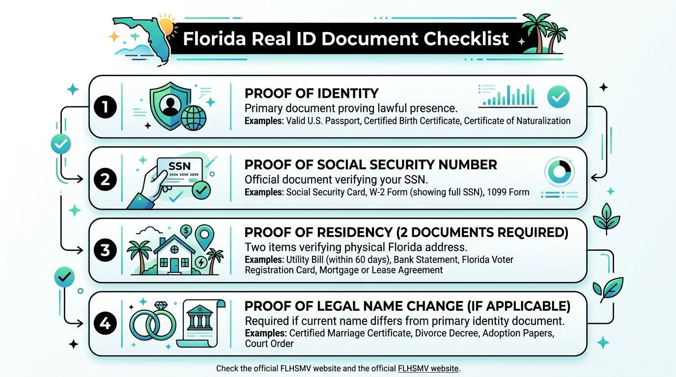 A helpful checklist for Florida residents detailing the required documents to obtain a Real ID.