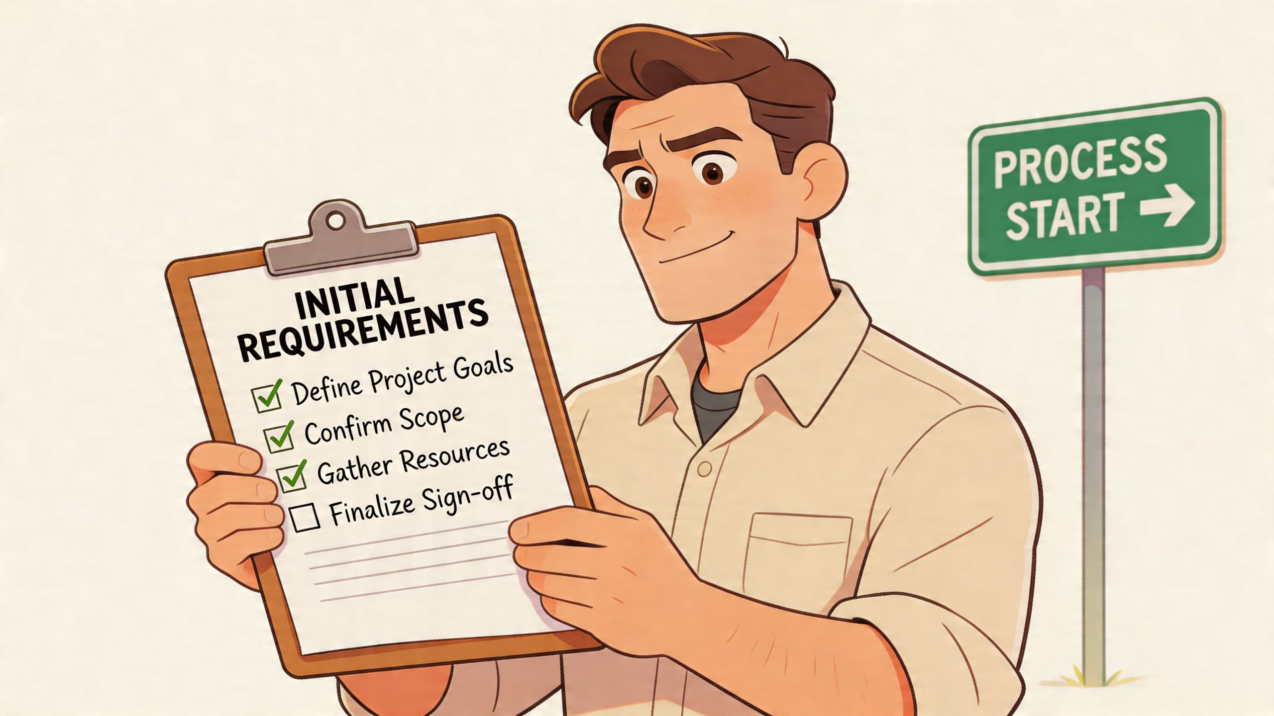 A cartoon man holding a clipboard with a checklist of initial project requirements next to a sign.