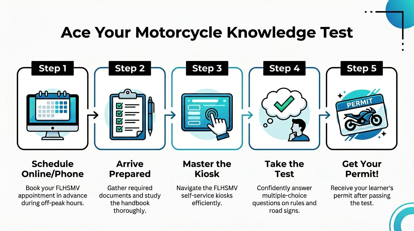 A step-by-step infographic showing the five-step process to earn a motorcycle learner's permit.