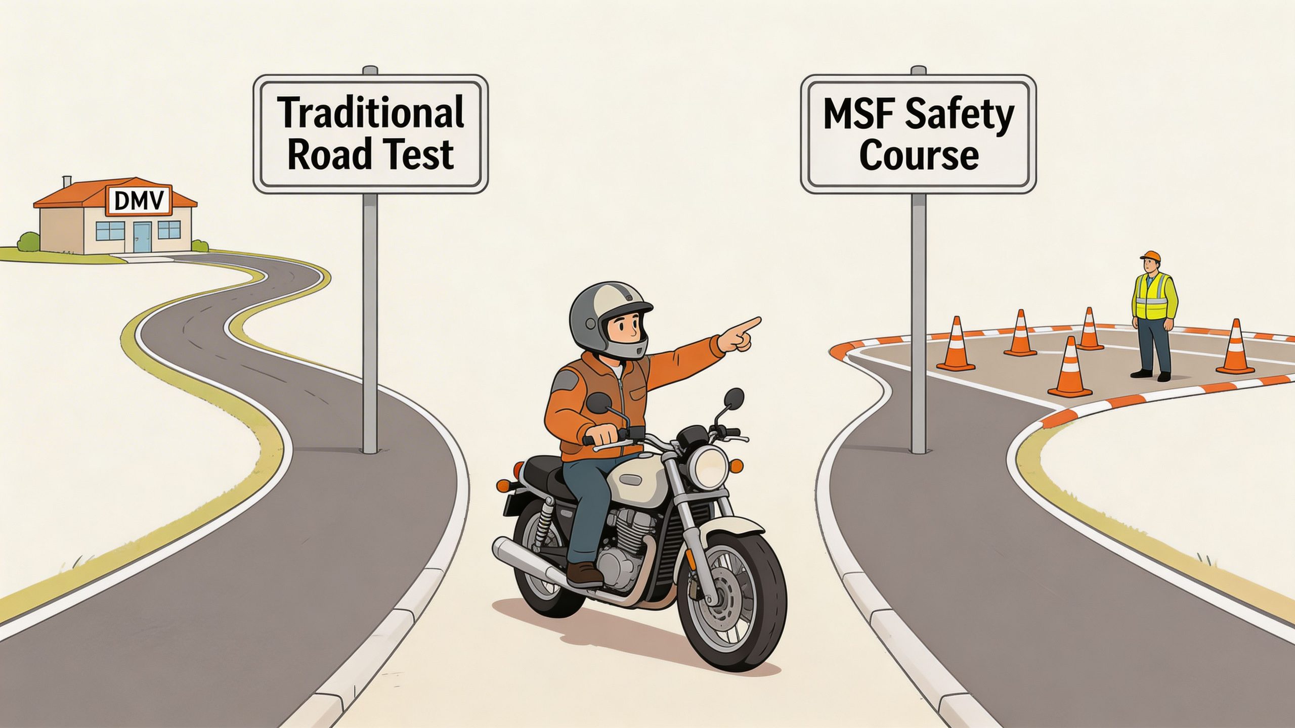 A motorcycle rider chooses between taking a DMV traditional road test or an MSF safety course.