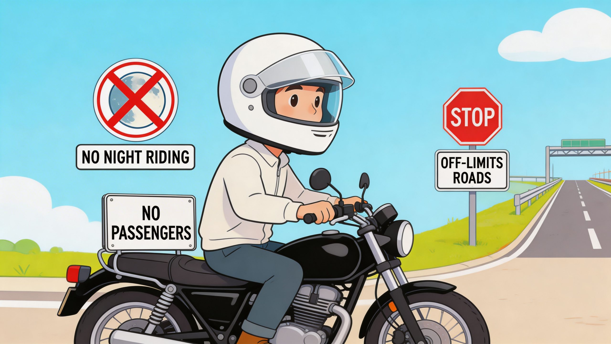 A cartoon illustration of a motorcyclist wearing a helmet next to traffic signs regarding motorcycle regulations.