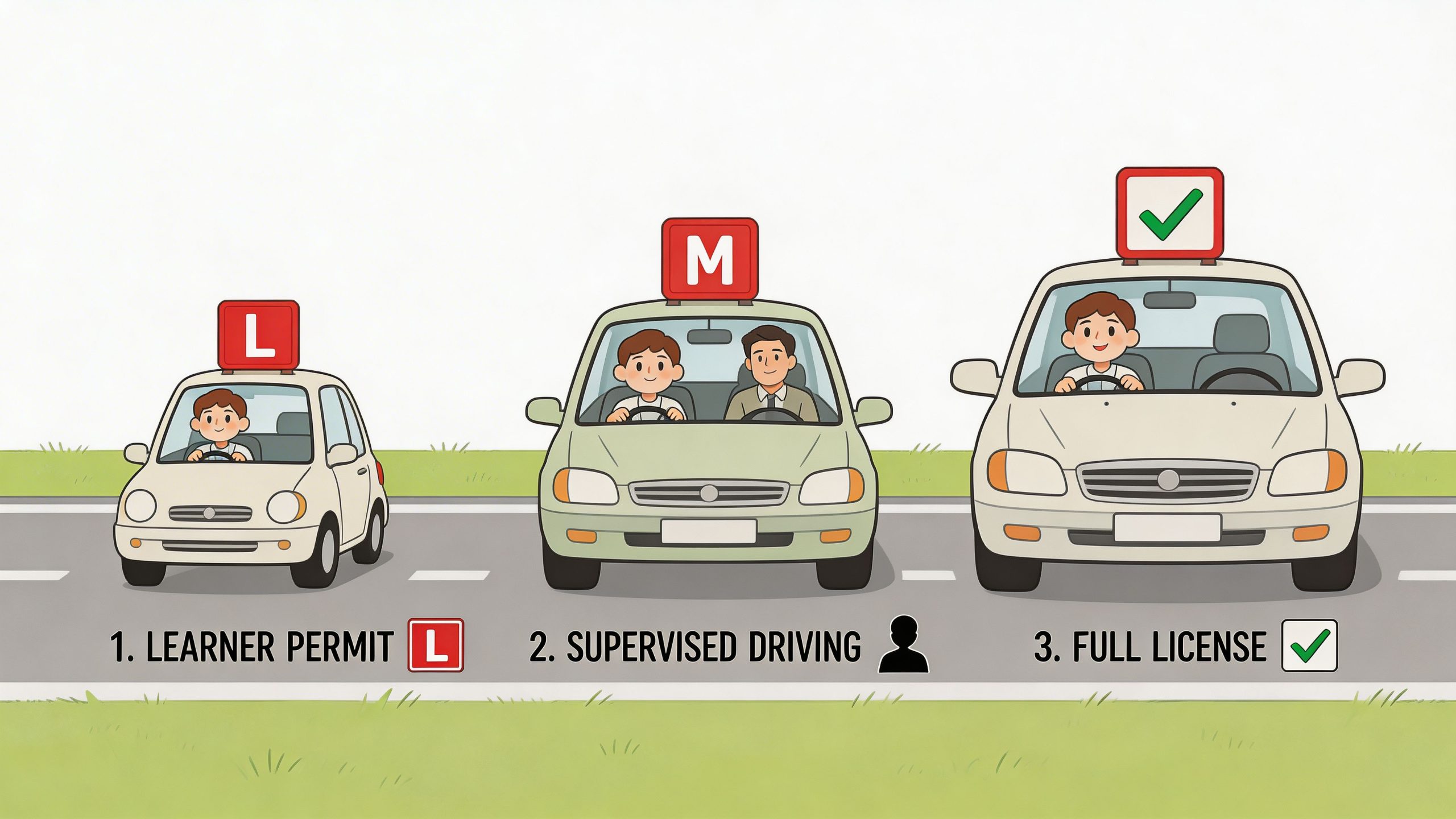 A diagram illustrating the three stages of obtaining a driver license, from learner permit to full license.