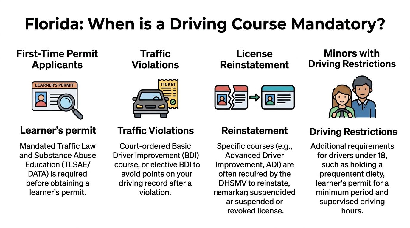 An infographic showing four scenarios in Florida when a mandatory driving course is required for drivers.
