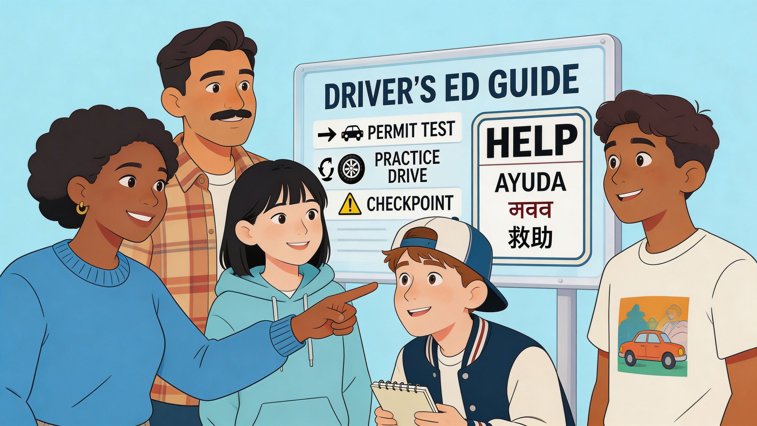 A diverse group of students and a mentor looking at a Driver's Ed guide sign for information.
