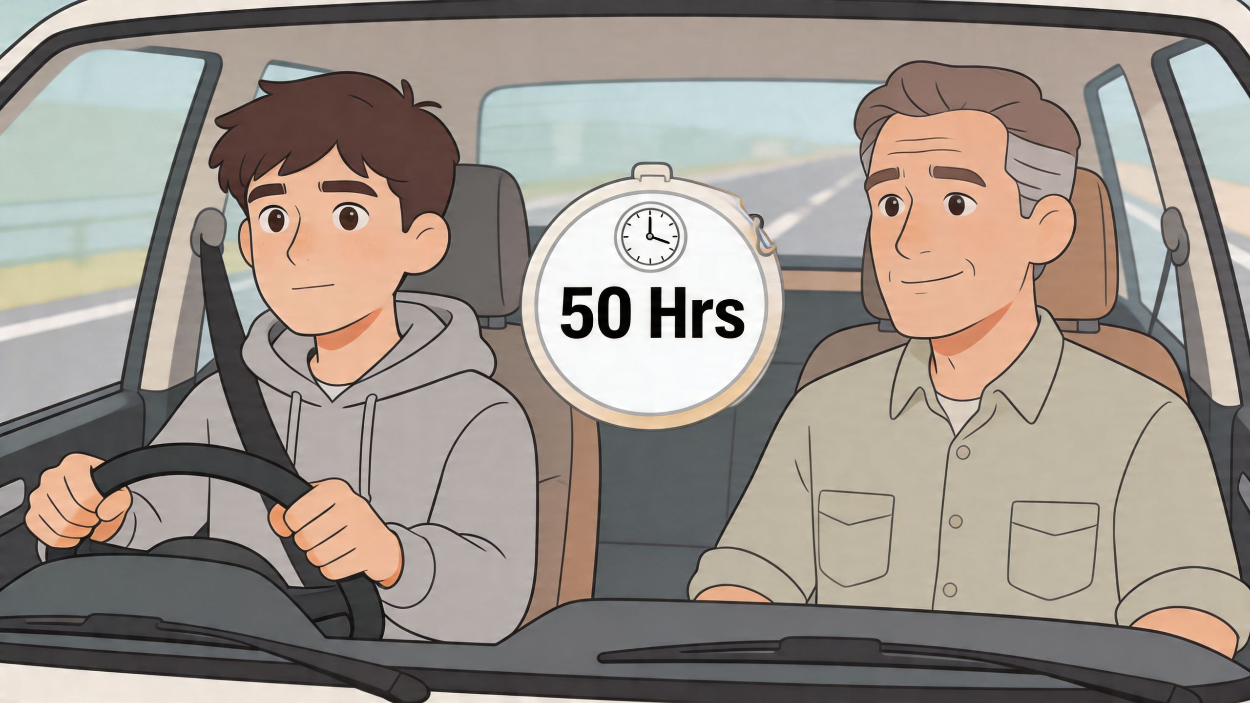 A young driver practicing with an adult instructor in a car during their driver education training session.