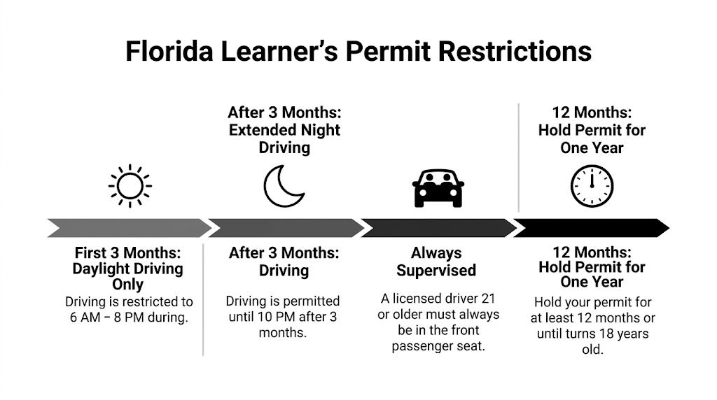 An infographic showing Florida learner's permit restrictions including daylight driving, extended night driving hours, and supervision requirements.