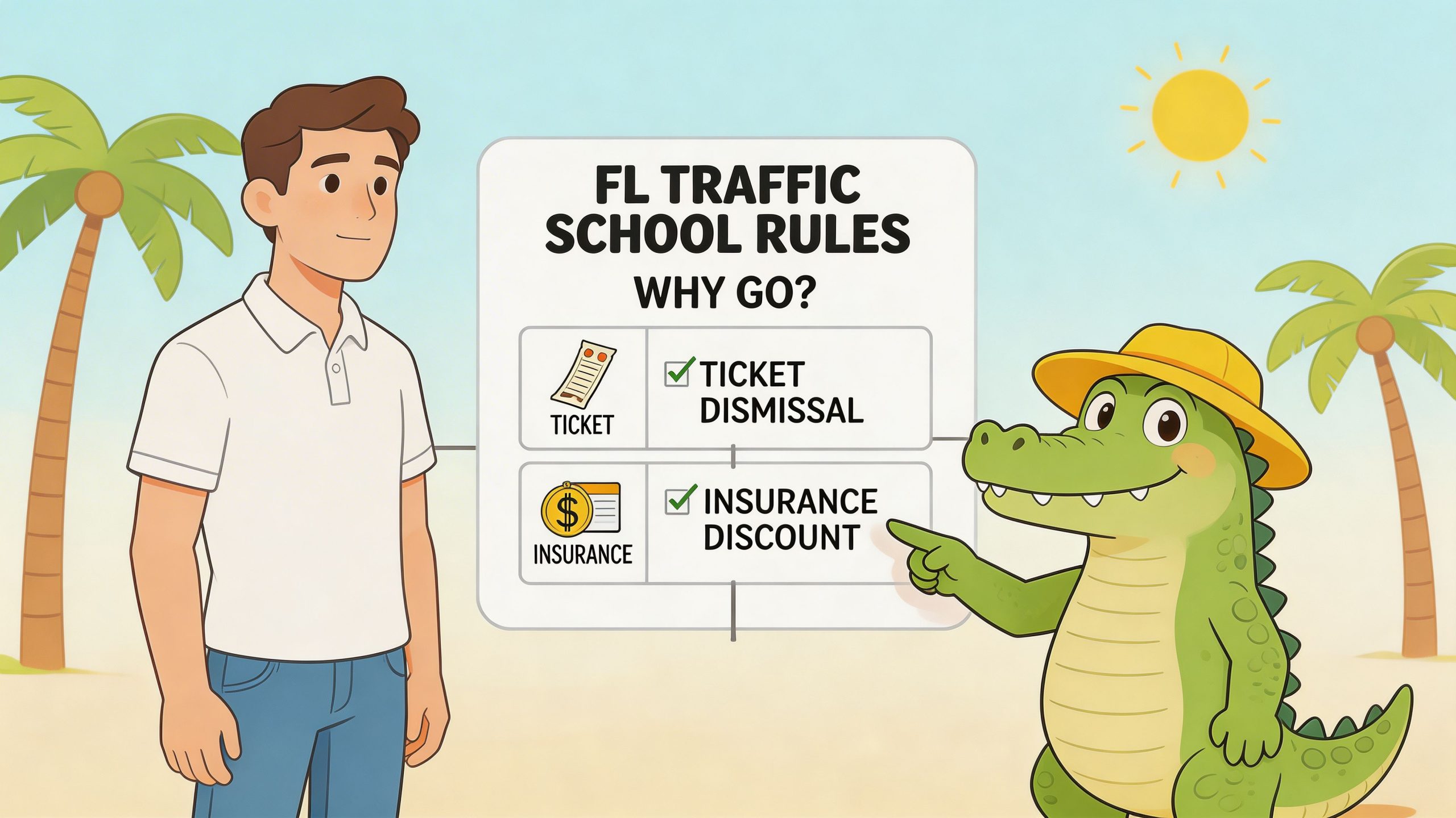 A man and a cartoon alligator mascot illustrating the benefits of attending Florida traffic school.