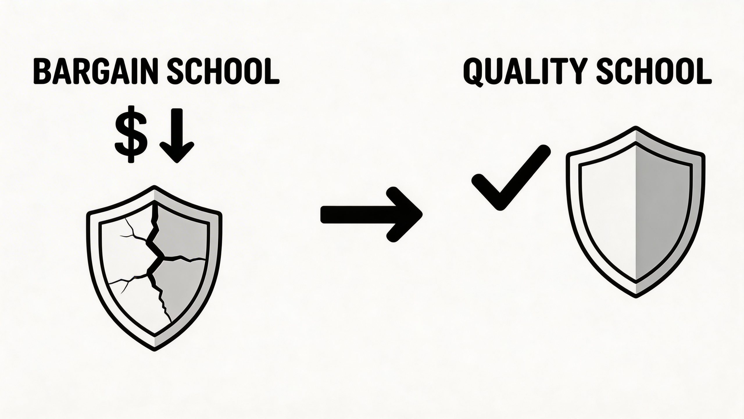 A conceptual diagram showing the transition from a bargain school with a broken shield to a quality school.