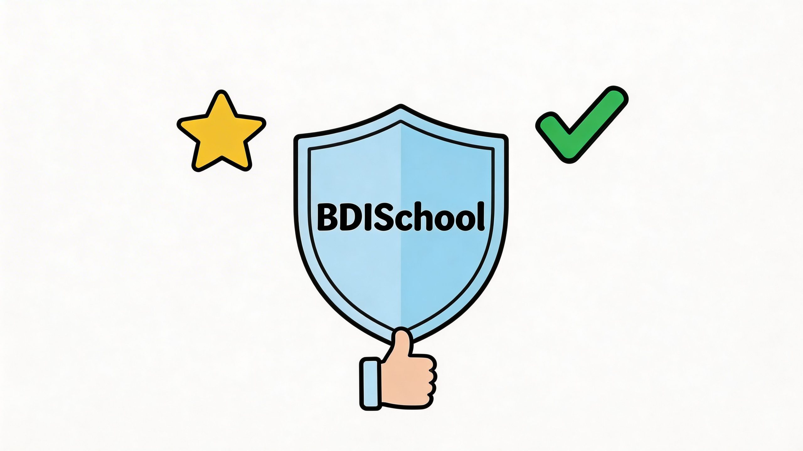 A protective shield icon labeled BDISchool with a yellow star and a green checkmark indicating quality approval.