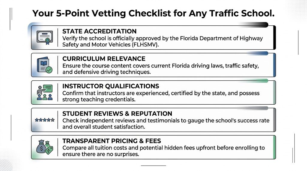 A 5-point checklist infographic for vetting and choosing the right professional traffic school program in Florida.