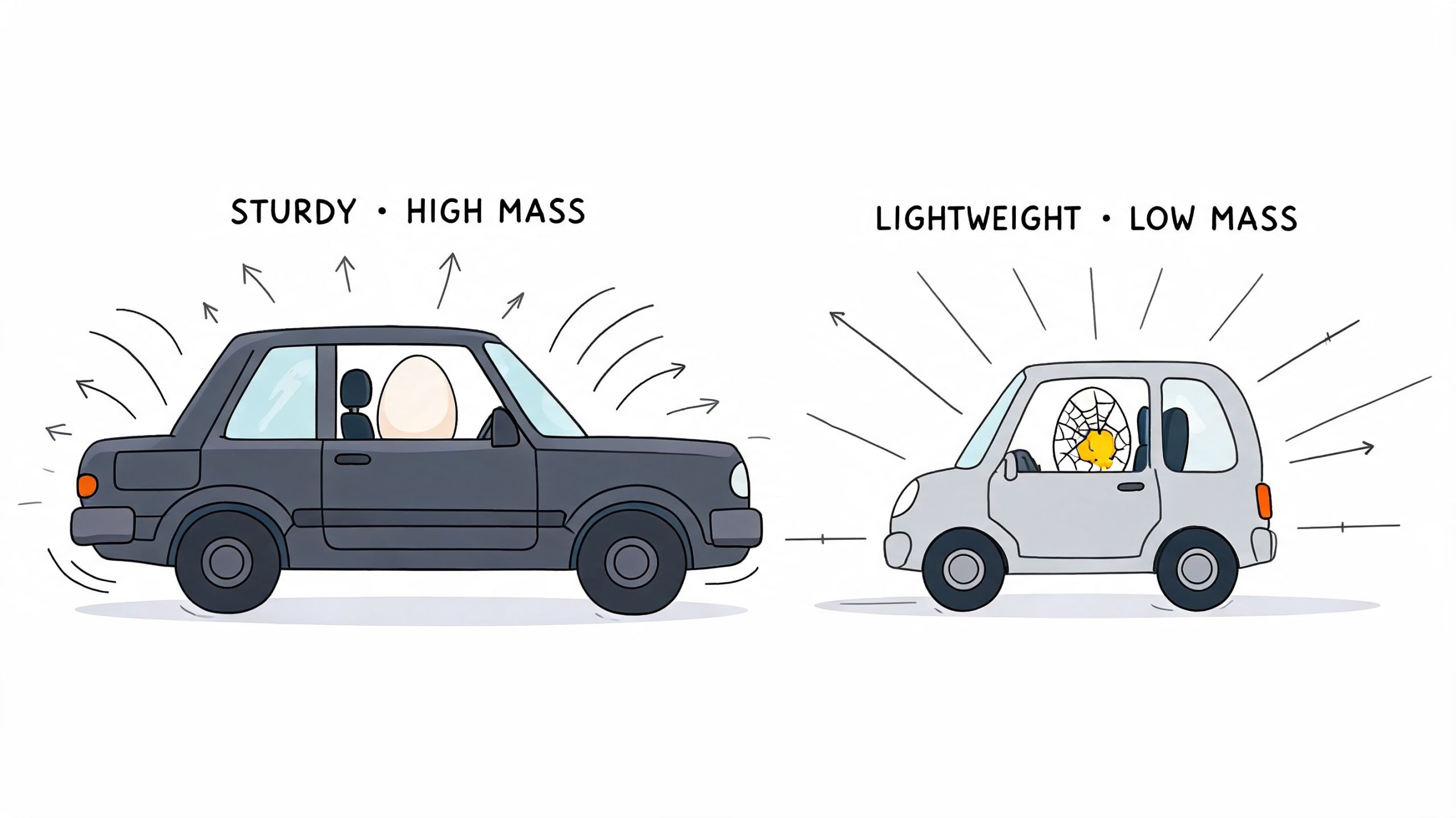 A comparison illustration showing a sturdy high mass car protecting an egg versus a lightweight low mass car.