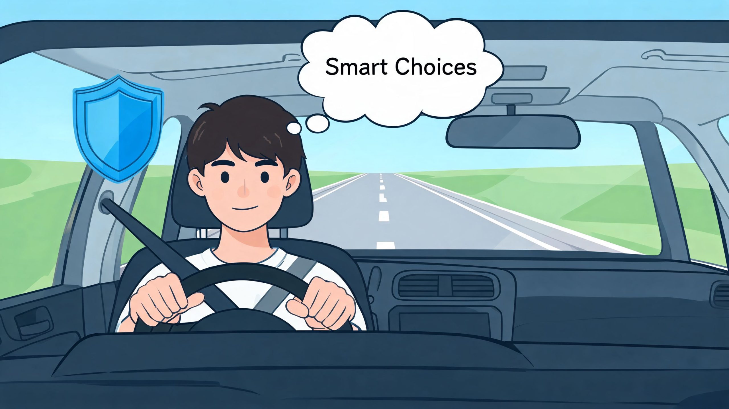 A young male driver wearing a seatbelt smiles while driving, accompanied by a thought bubble saying Smart Choices.