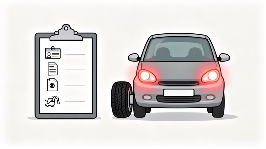A clipboard with icons for documents and keys next to a grey car with one wheel detached, lights on.