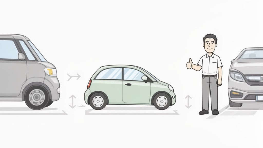 A small green car easily fits between two larger cars, while a man gives a thumbs-up.
