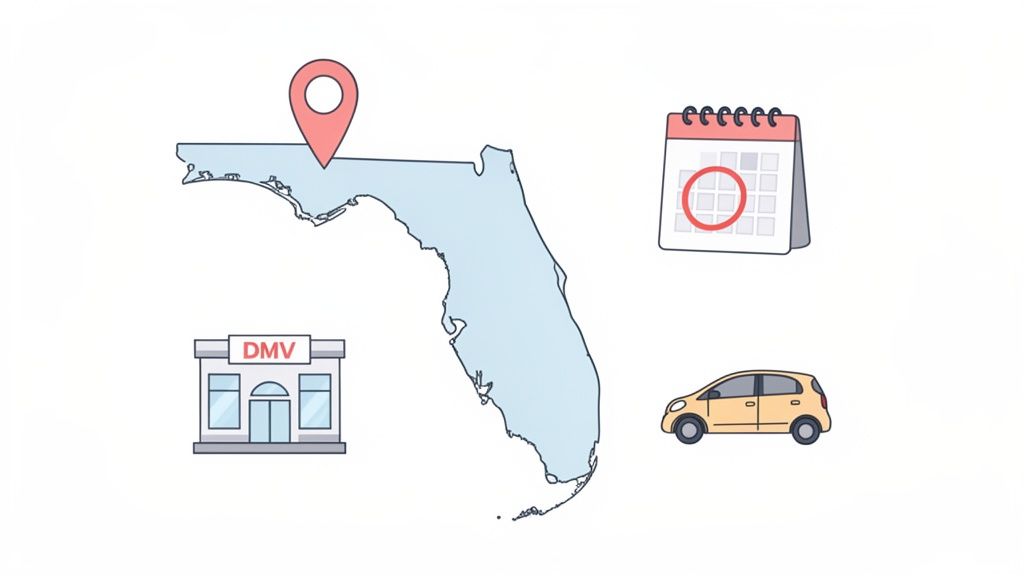 An illustration showing the state of Florida, a DMV building, a calendar, a car, and a location pin.