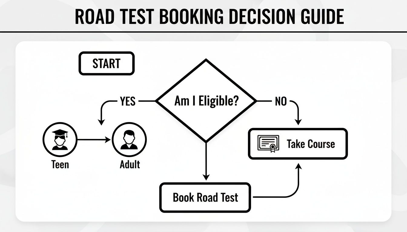 A decision guide flowchart illustrating the process to book a road test, including eligibility and course steps.