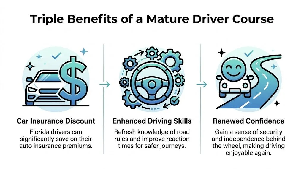 Infographic about safe driving course benefits.