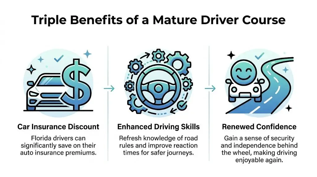 Infographic about safe driving course benefits.