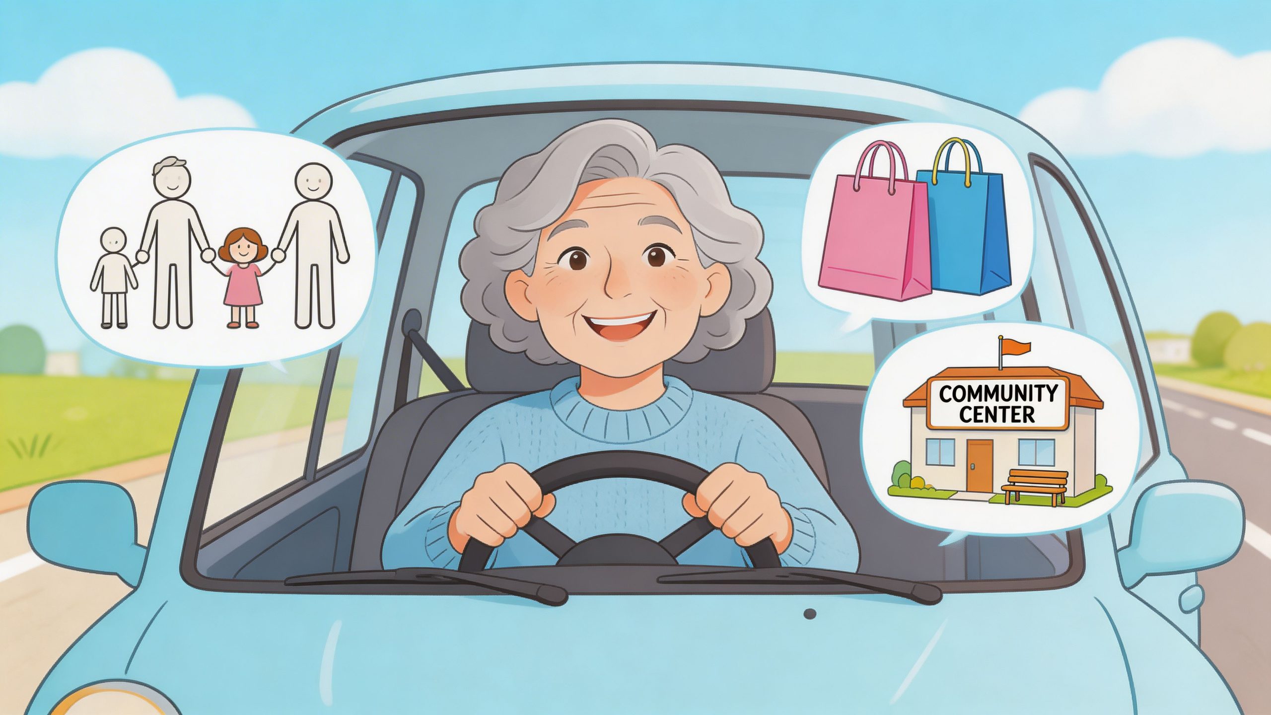 A cheerful elderly woman driving a car, contemplating family, shopping, and visiting a community center.