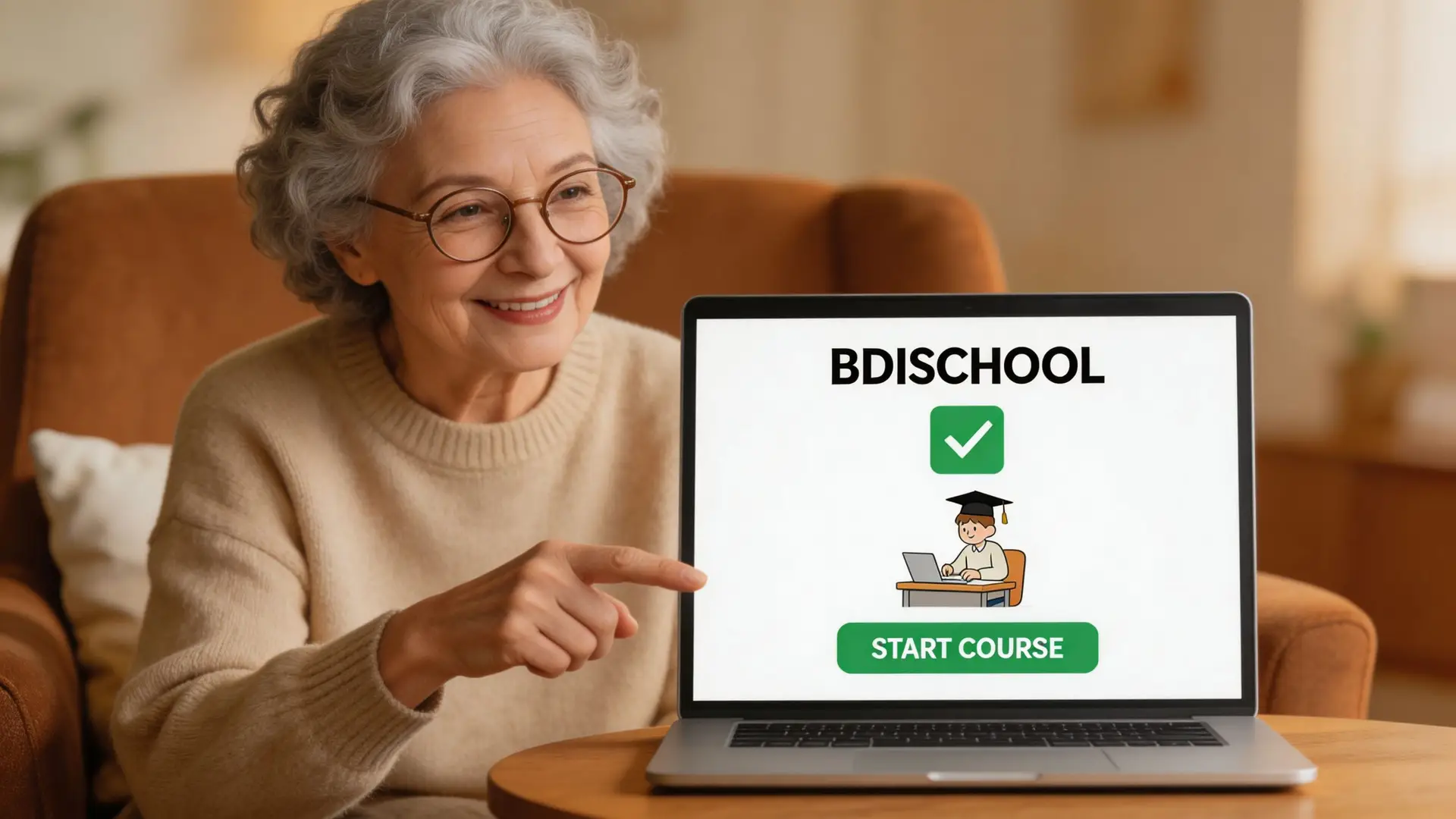 A happy senior woman sitting in an armchair pointing at a laptop displaying an online school course.