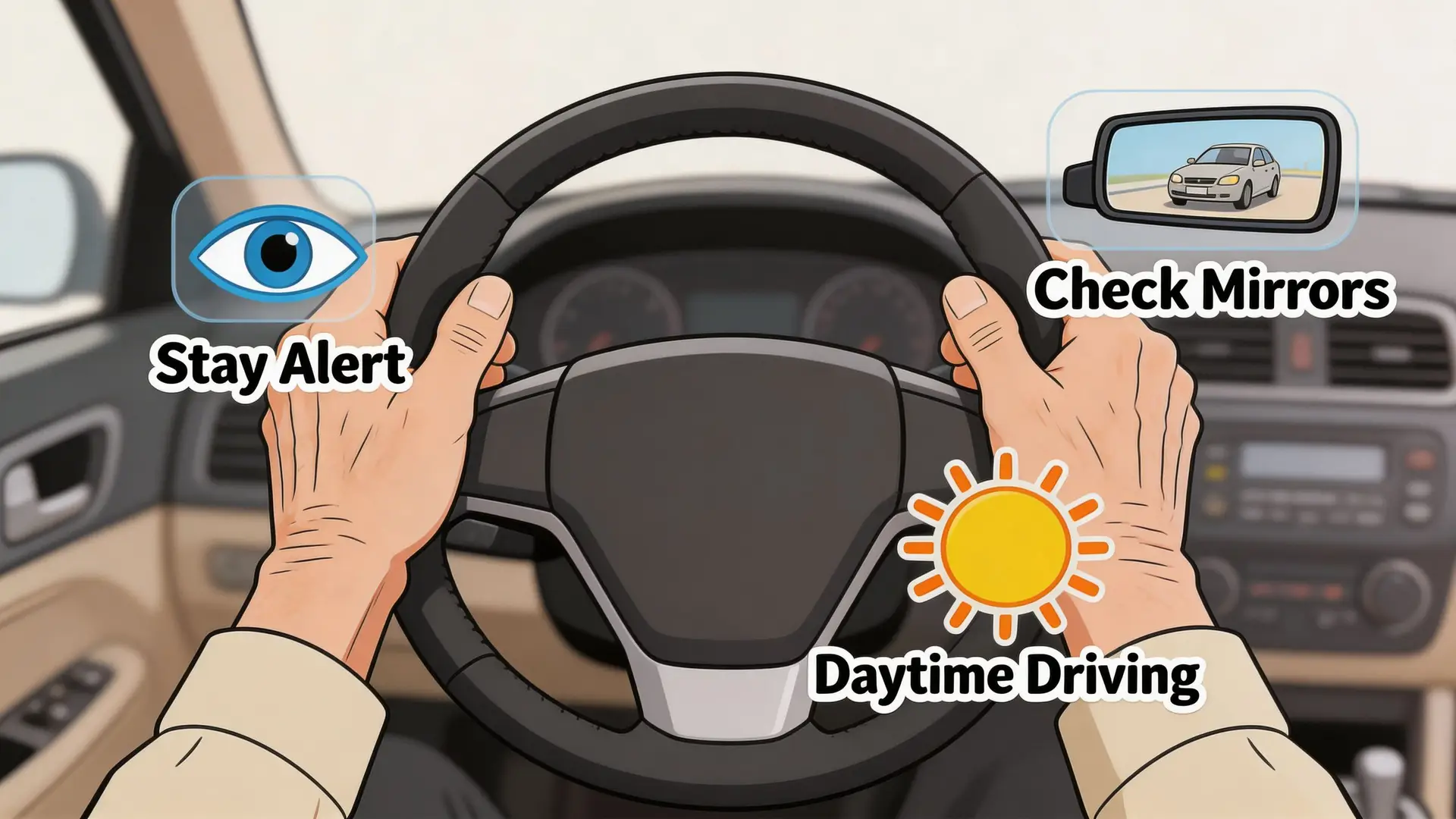 An illustration of an older driver's perspective from behind the wheel, emphasizing safety tips like staying alert.