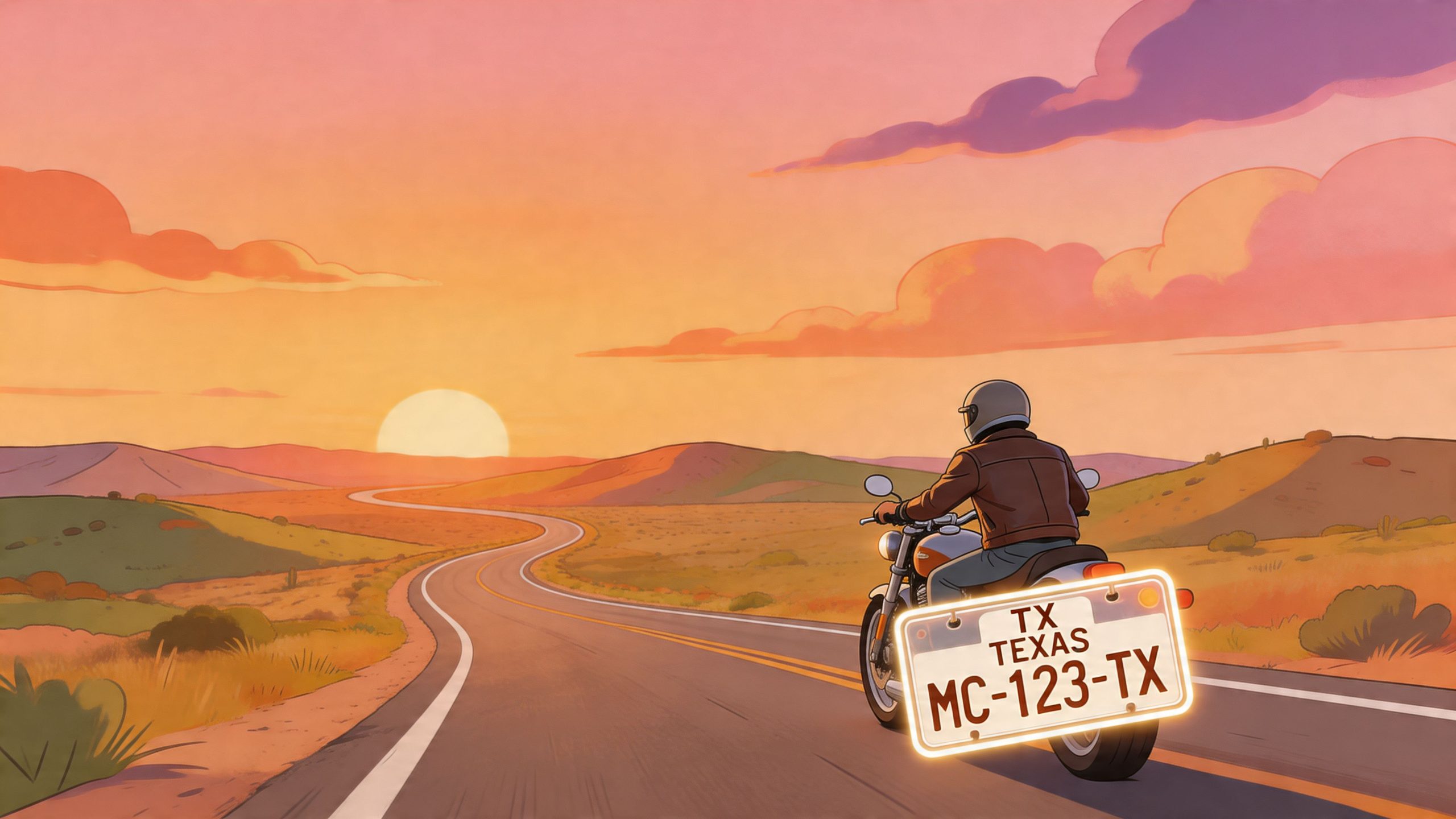 A biker riding a motorcycle on a winding highway through a Texas landscape during a beautiful sunset.