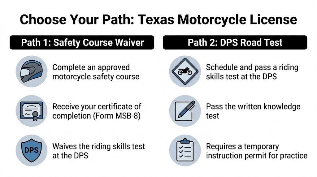 A diagram outlining the two paths for obtaining a Texas motorcycle license, featuring safety courses and testing.