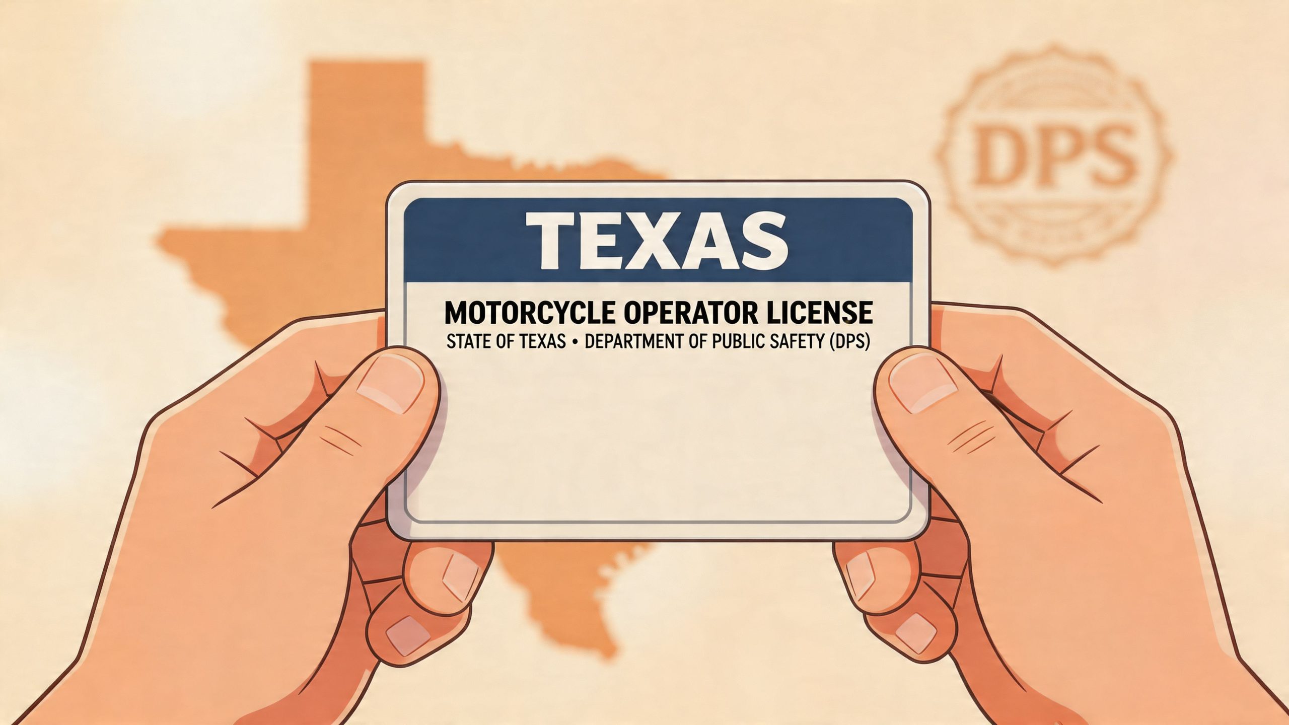 A pair of hands holding a blank Texas motorcycle operator license card against a map background.