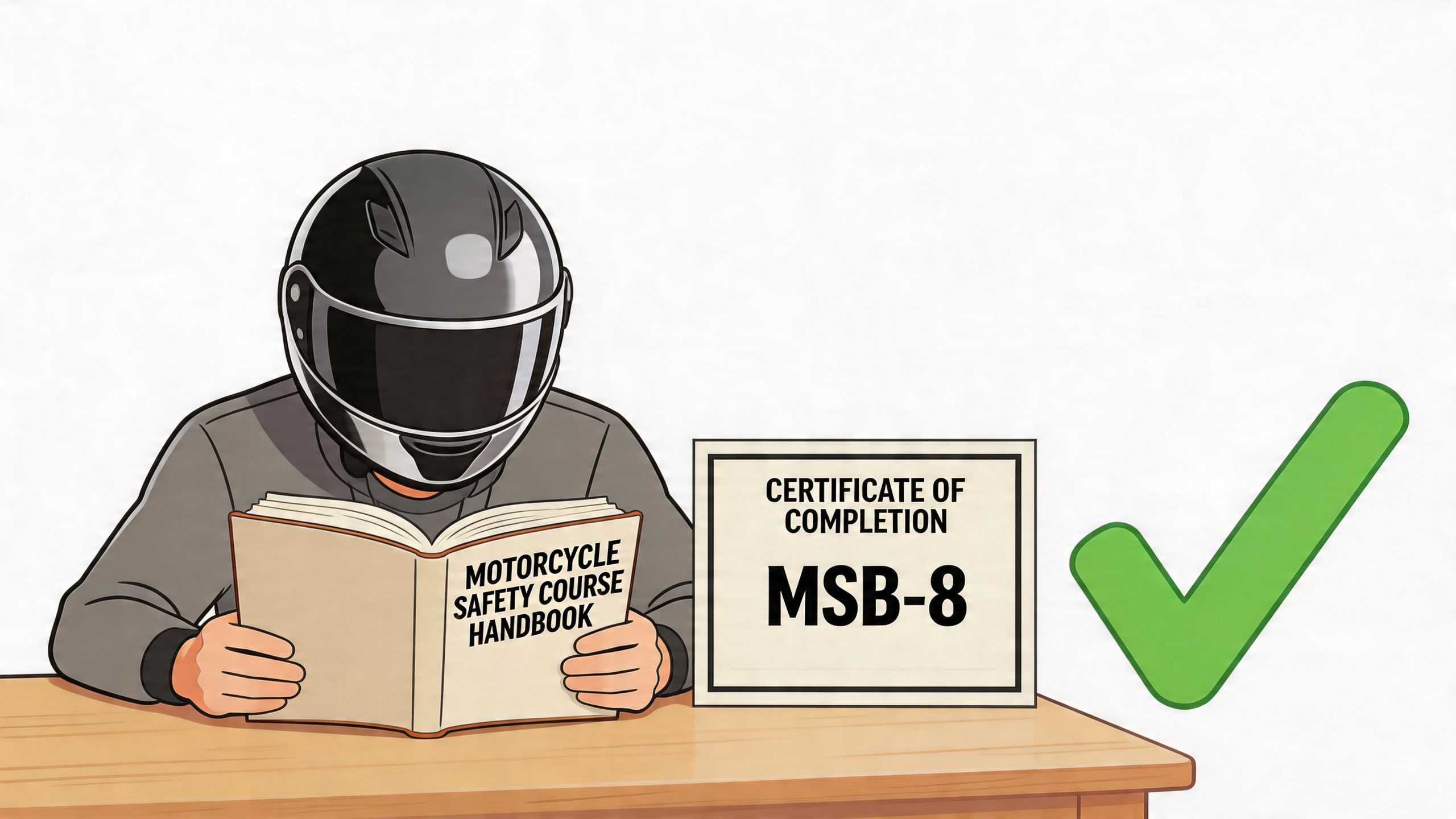 A person wearing a motorcycle helmet reads a safety course handbook next to a certificate of completion.