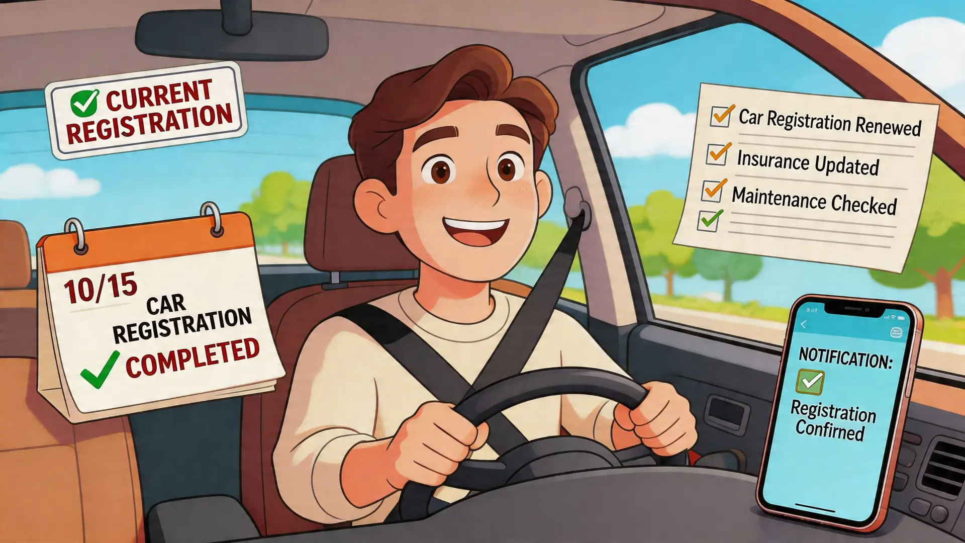 A happy young man driving a car after completing his vehicle registration and maintenance checklist successfully.