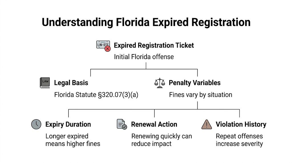 A flowchart explaining the factors that influence fines for a Florida expired vehicle registration ticket.