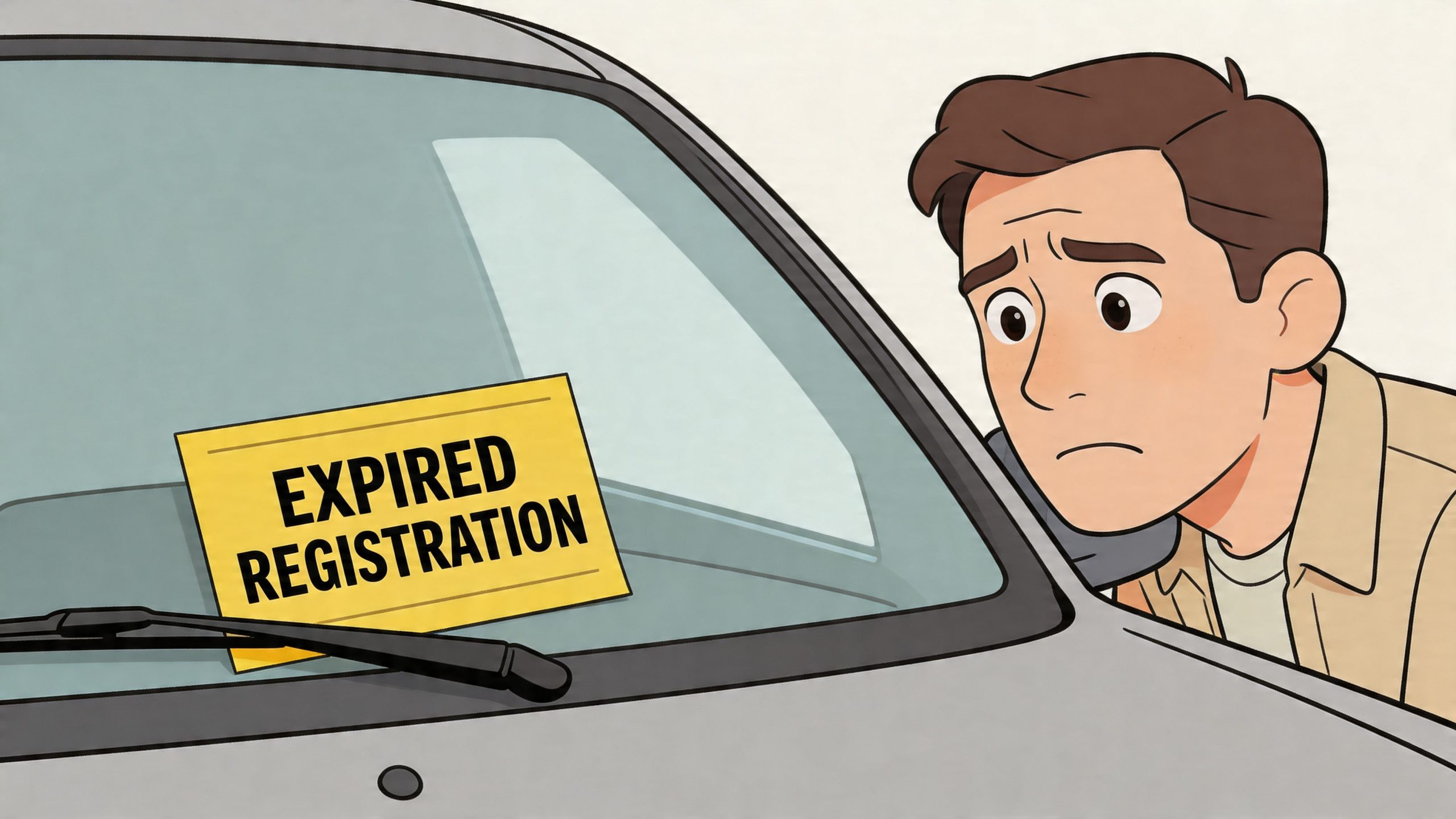 A concerned man looking at an expired registration notice placed under his car windshield wiper.